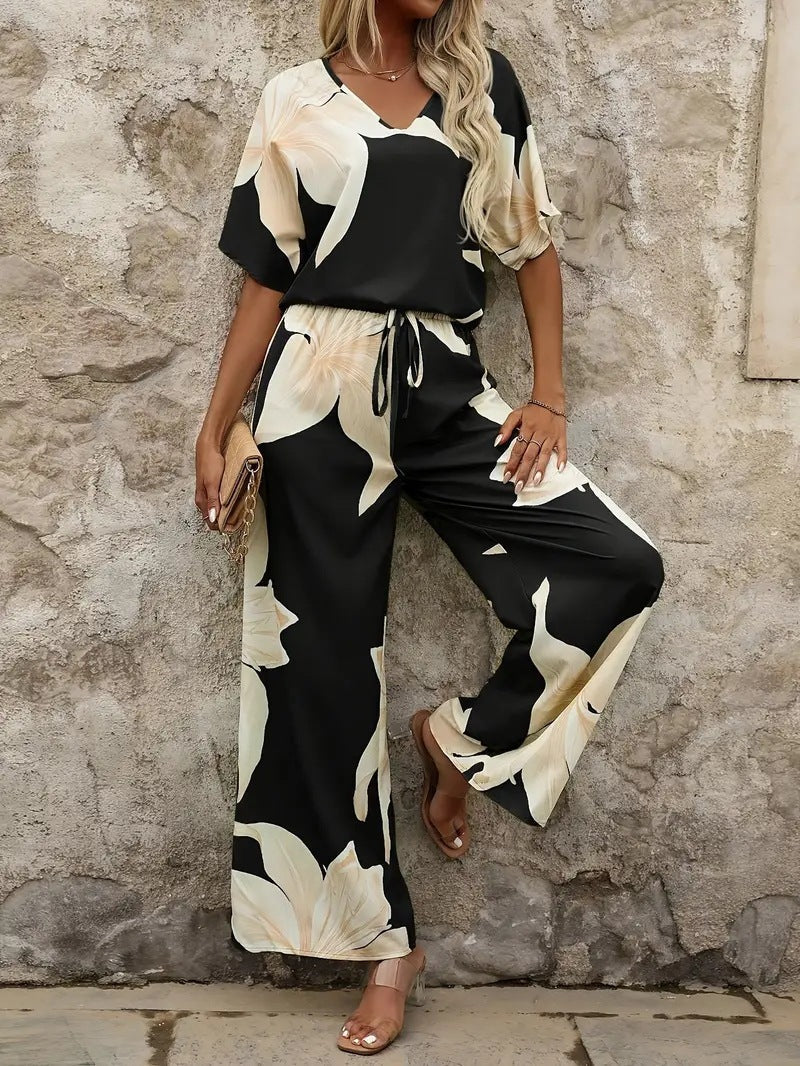 Damen luftiger Hosenanzug mit floralem Print und elastischem Bund in Grün