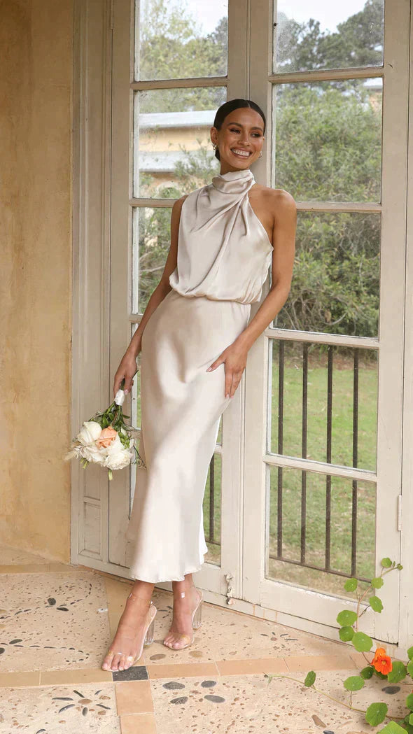Damen Midikleid mit drapiertem Stehkragen und fließender Silhouette