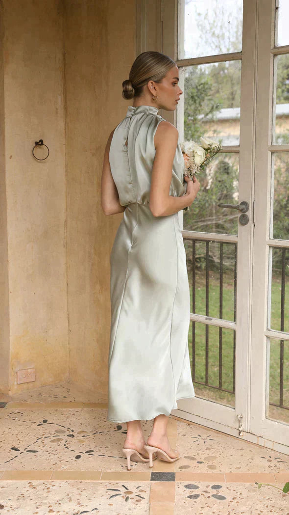 Damen Midikleid mit drapiertem Stehkragen und fließender Silhouette