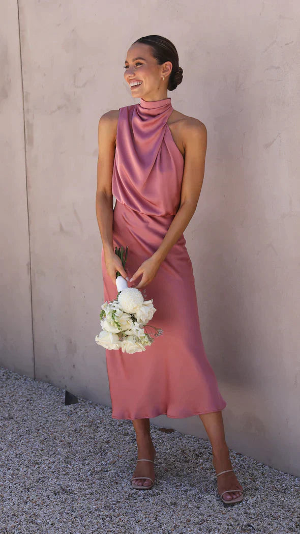 Damen Midikleid mit drapiertem Stehkragen und fließender Silhouette
