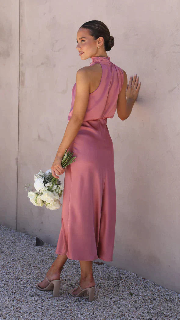 Damen Midikleid mit drapiertem Stehkragen und fließender Silhouette