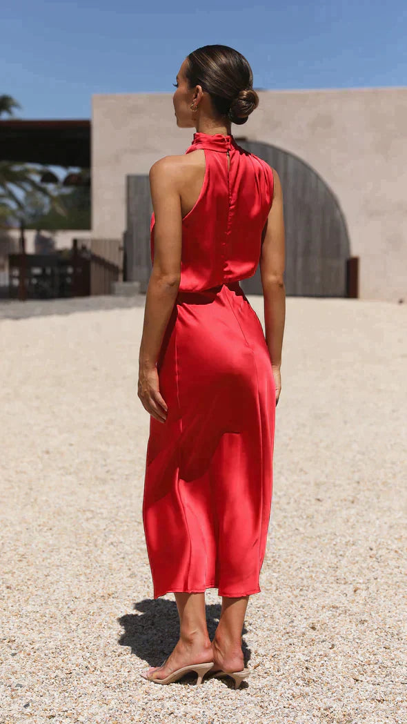 Damen Midikleid mit drapiertem Stehkragen und fließender Silhouette