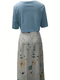 Lolas-Mode – elegantes zweiteiliges blumenkleid-set mit einfarbigem crop-top und kleid mit rundhalsausschnitt