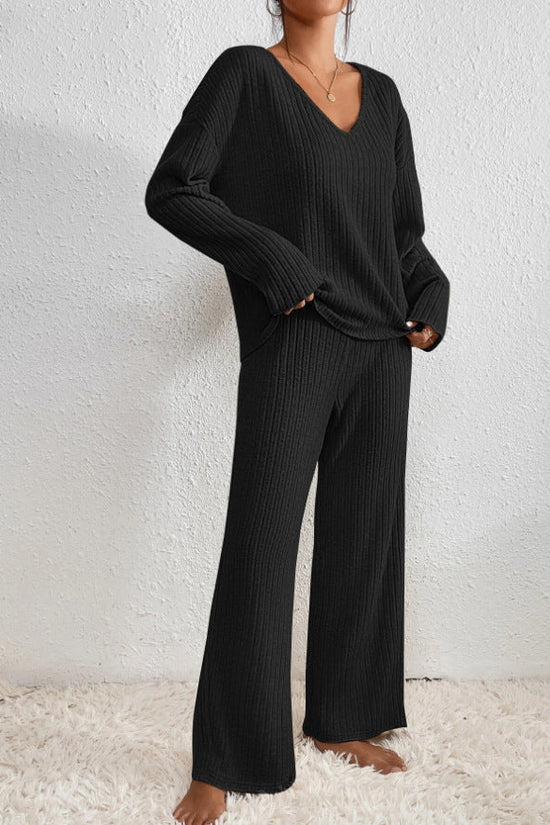 Damen Rippstrick Zwei-Teilen Loungewear Set in Hellbraun