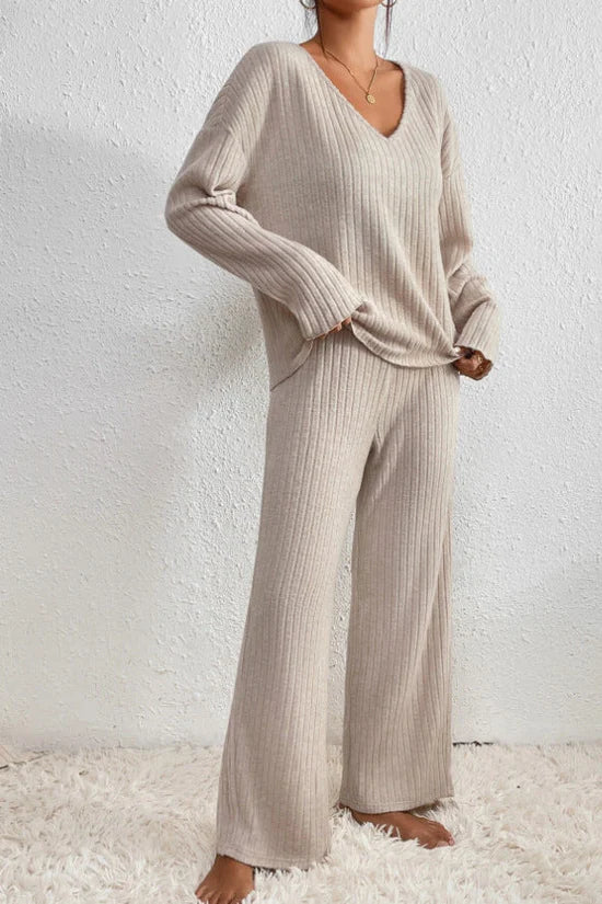 Damen Rippstrick Zwei-Teilen Loungewear Set in Beige