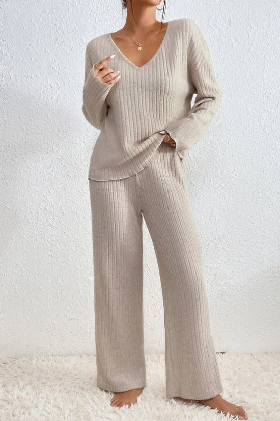 Damen Rippstrick Zwei-Teilen Loungewear Set in Hellbraun