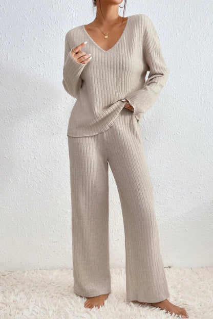 Damen Rippstrick Zwei-Teilen Loungewear Set in Hellbraun