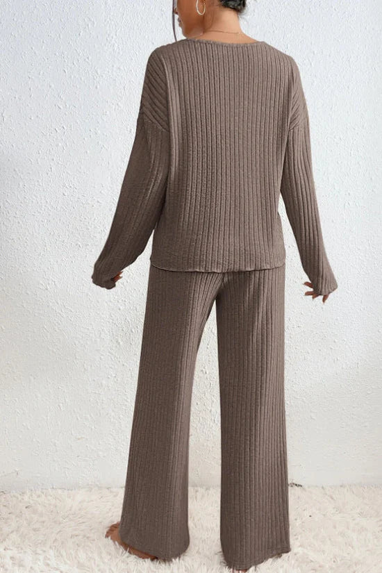 Damen Rippstrick Zwei-Teilen Loungewear Set in Beige