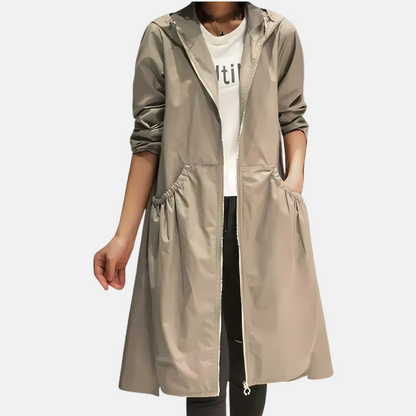 Knielanger Mantel mit Kapuze für Damen in Beige