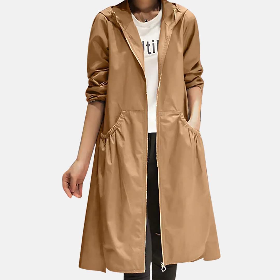 Knielanger Mantel mit Kapuze für Damen in Beige