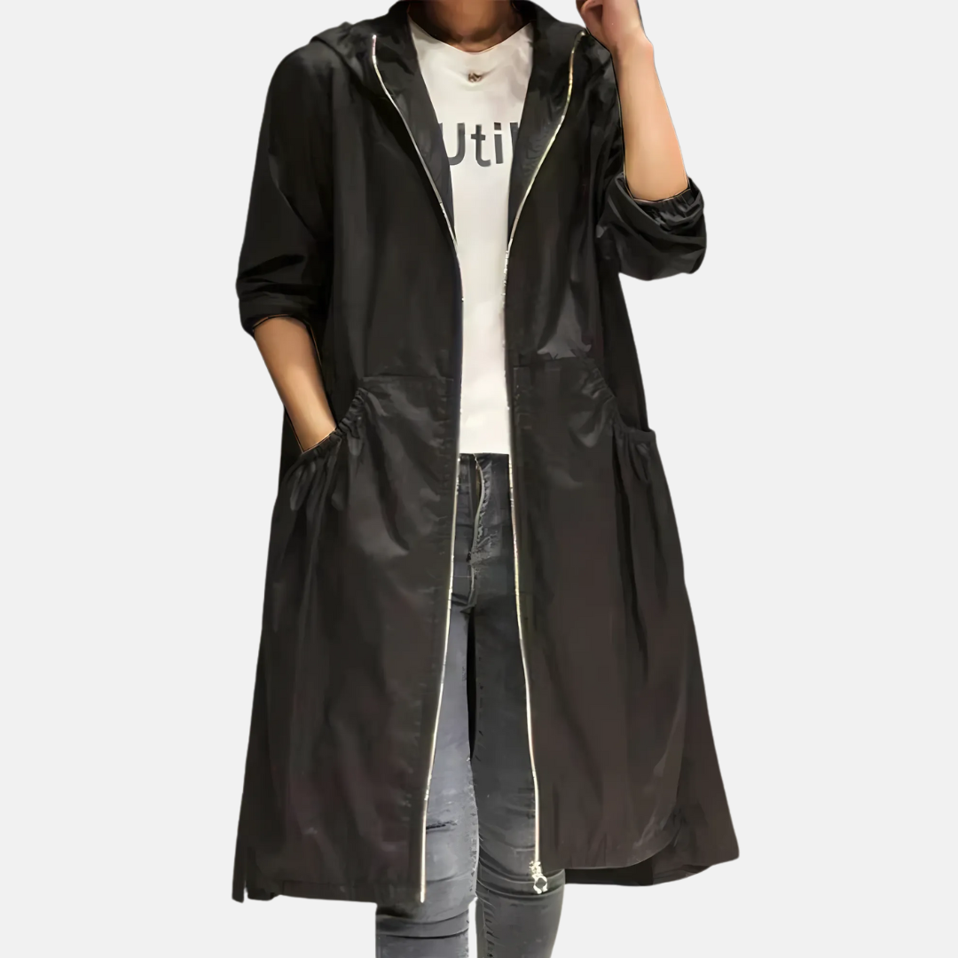 Knielanger Mantel mit Kapuze für Damen in Beige
