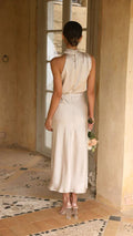 Damen Midikleid mit drapiertem Stehkragen und fließender Silhouette