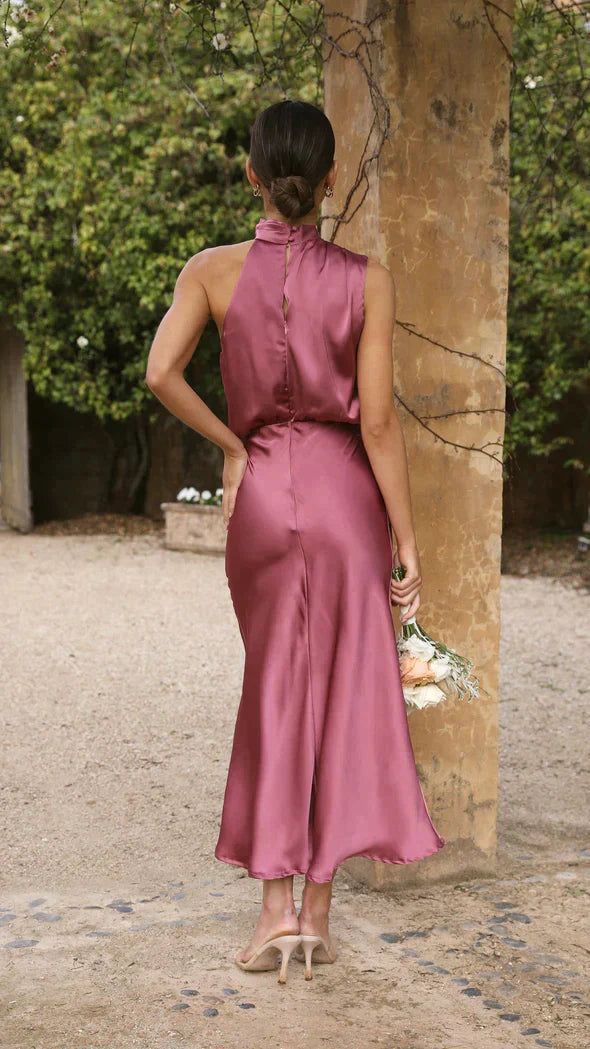 Damen Midikleid mit drapiertem Stehkragen und fließender Silhouette