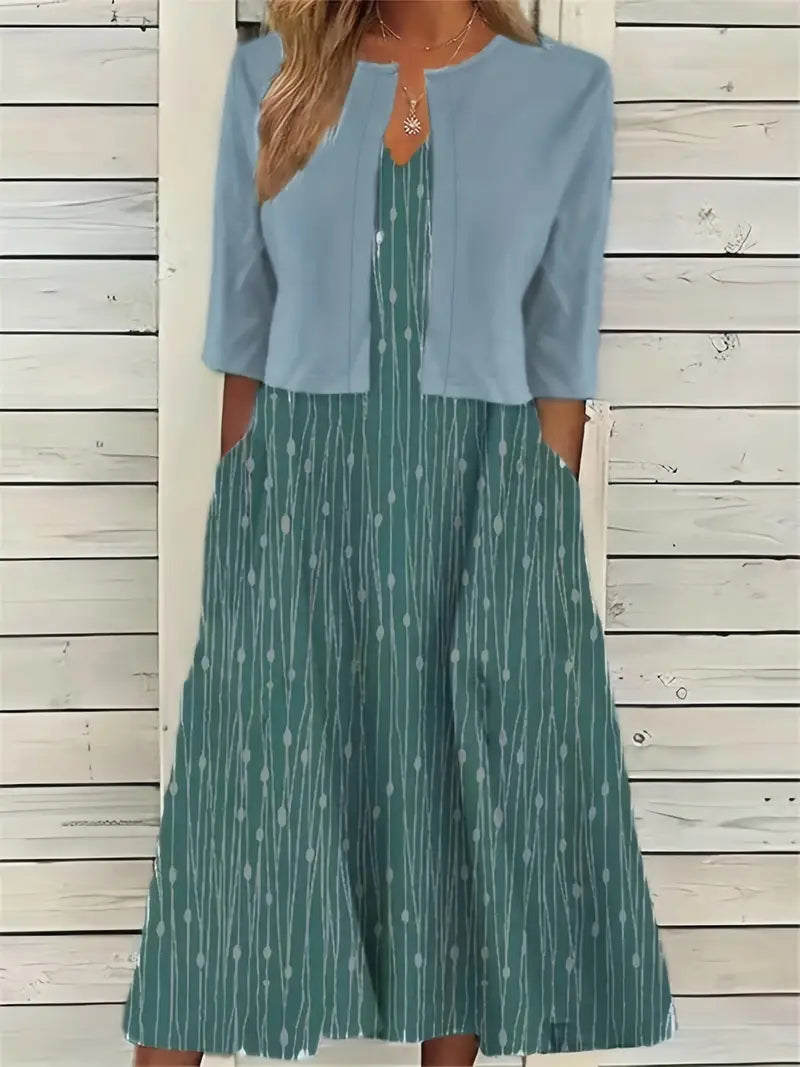 Lolas-Mode – elegantes zweiteiliges blumenkleid-set mit einfarbigem crop-top und kleid mit rundhalsausschnitt