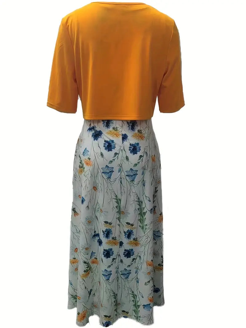 Lolas-Mode – elegantes zweiteiliges blumenkleid-set mit einfarbigem crop-top und kleid mit rundhalsausschnitt