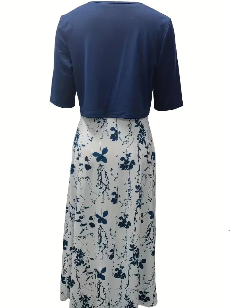 Lolas-Mode – elegantes zweiteiliges blumenkleid-set mit einfarbigem crop-top und kleid mit rundhalsausschnitt