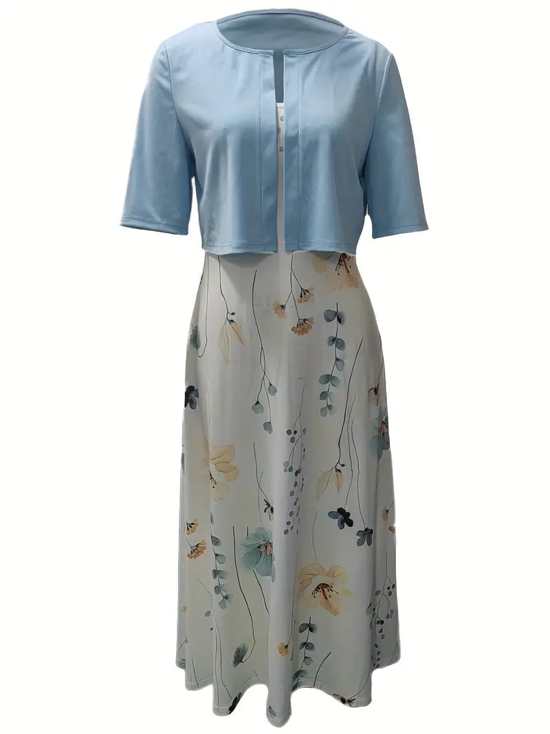 Lolas-Mode – elegantes zweiteiliges blumenkleid-set mit einfarbigem crop-top und kleid mit rundhalsausschnitt