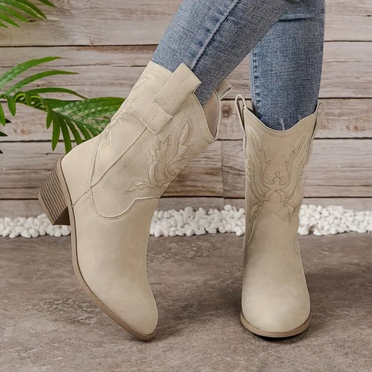 JeansCowboyStiefel Mit Blockabsatz Markanter WesternLook in Beige