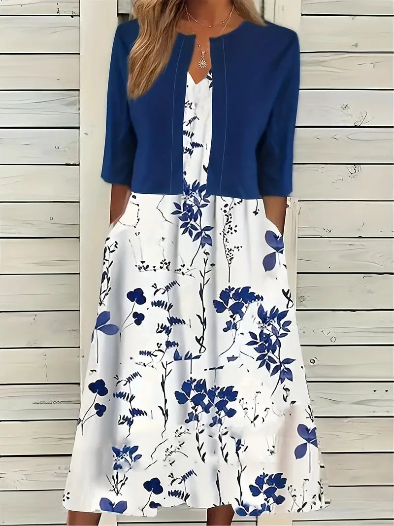 Lolas-Mode – elegantes zweiteiliges blumenkleid-set mit einfarbigem crop-top und kleid mit rundhalsausschnitt