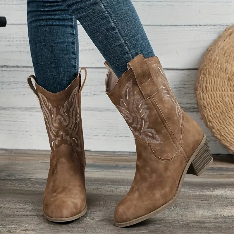 JeansCowboyStiefel Mit Blockabsatz Markanter WesternLook in Beige