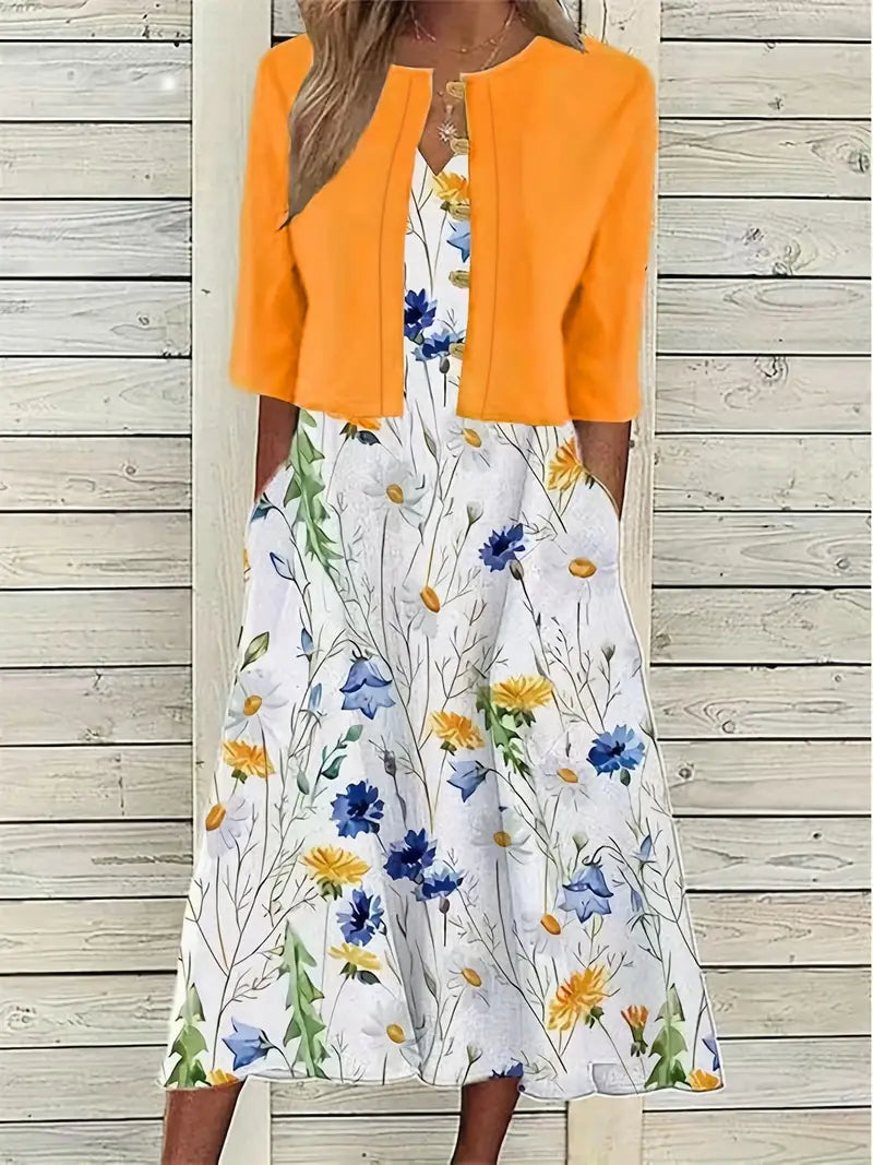 Lolas-Mode – elegantes zweiteiliges blumenkleid-set mit einfarbigem crop-top und kleid mit rundhalsausschnitt