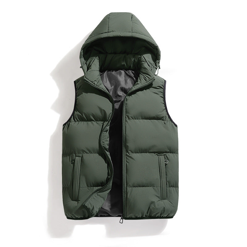 Moderne warme Weste mit Kapuze für Herren in Khaki