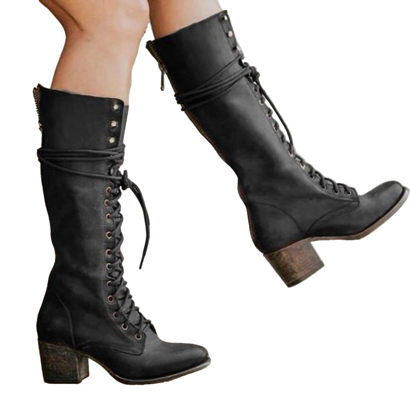 Damen knielange Stiefel mit Blockabsatz in Schwarz
