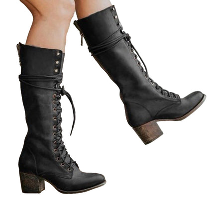 Damen knielange Stiefel mit Blockabsatz in Schwarz