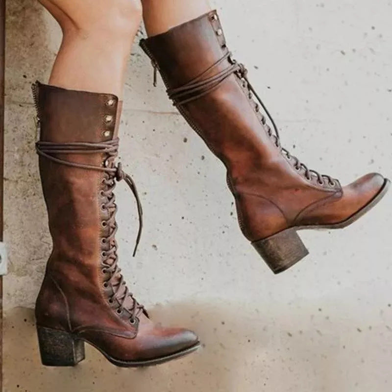 Damen knielange Stiefel mit Blockabsatz in Braun