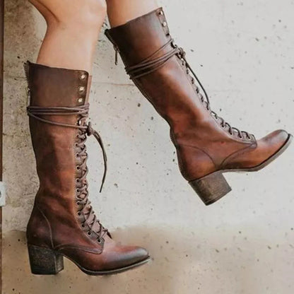 Damen knielange Stiefel mit Blockabsatz in Braun