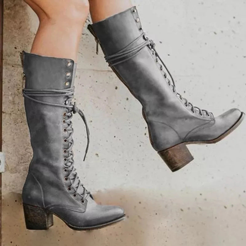 Damen knielange Stiefel mit Blockabsatz in Grau