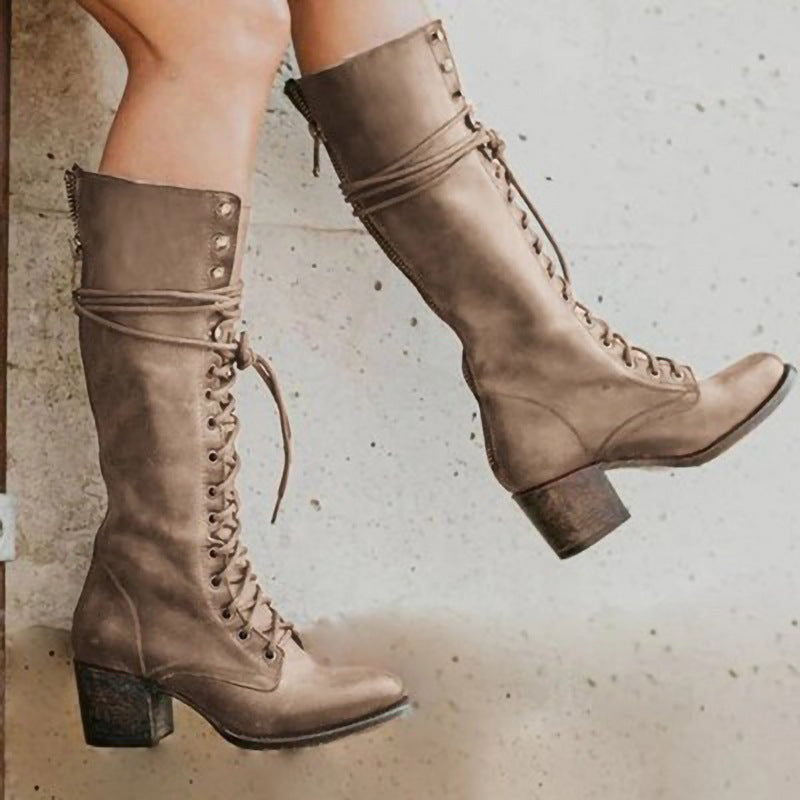 Damen knielange Stiefel mit Blockabsatz in Hellbraun