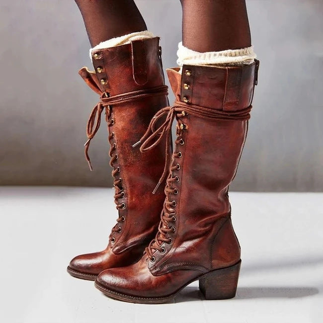 Damen knielange Stiefel mit Blockabsatz in Rotbraun