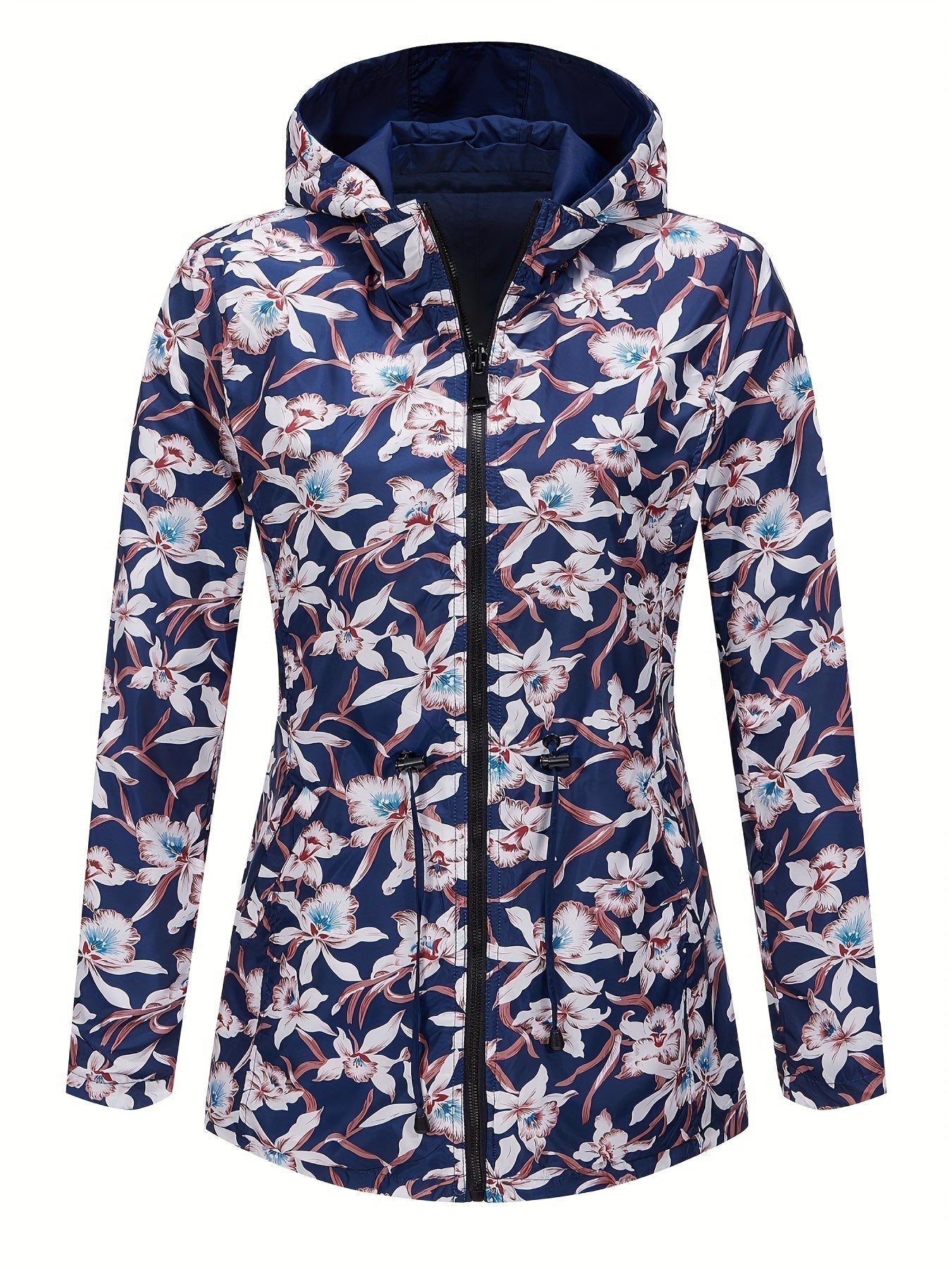 Damen Regenjacke mit Kapuze und Blumenmuster Futter in Rot