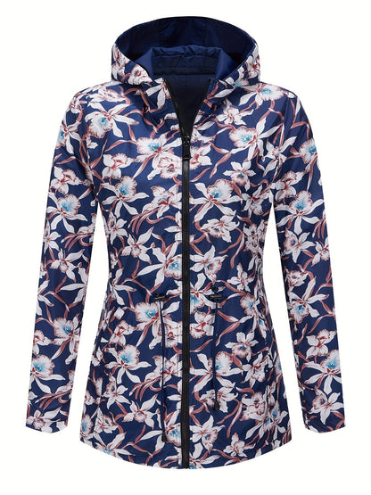 Damen Regenjacke mit Kapuze und Blumenmuster Futter in Rot