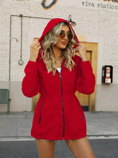 Damen Regenjacke mit Kapuze und Blumenmuster Futter in Rot