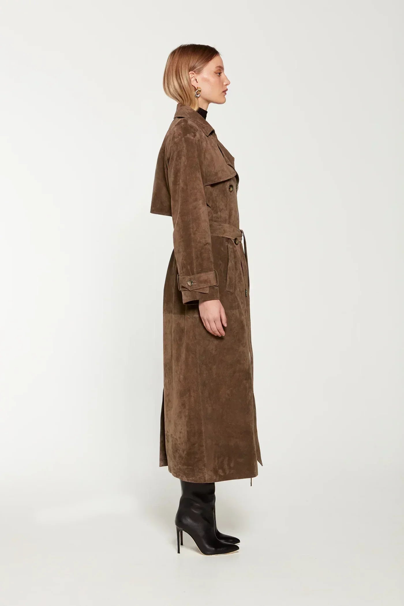 Eleganter Velours-Optik Trench Coat in Braun