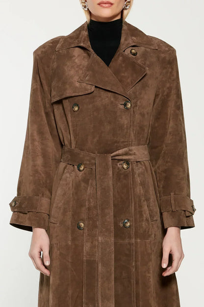 Eleganter Velours-Optik Trench Coat in Braun