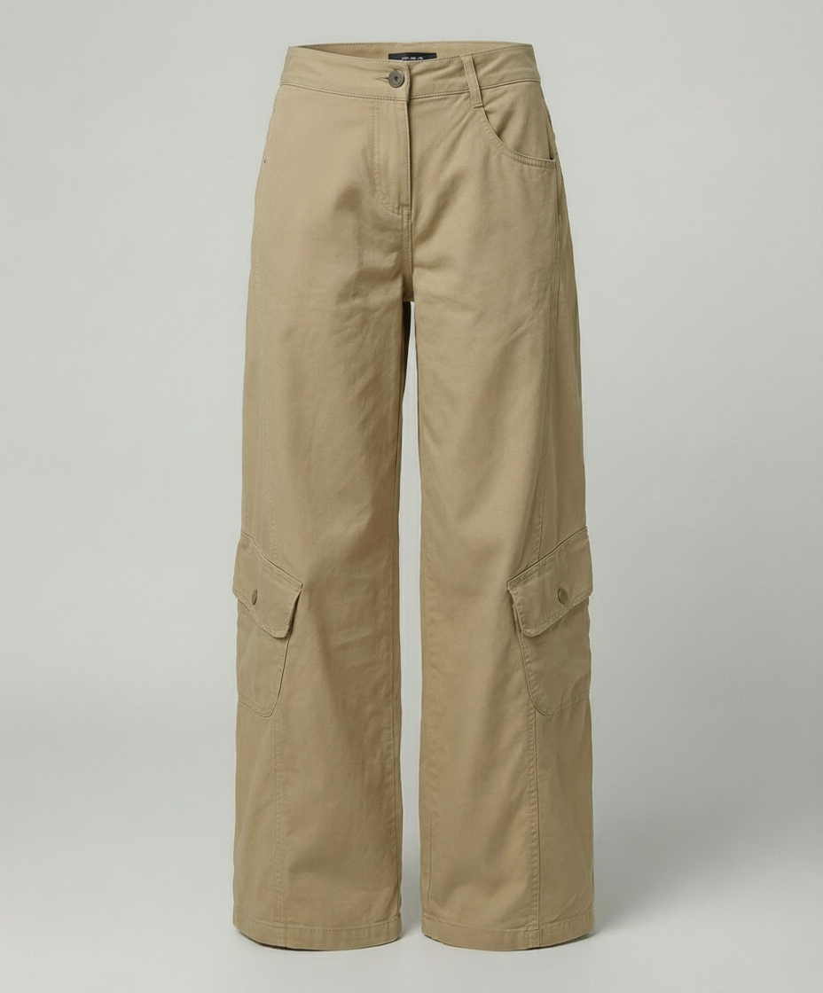 Damen hochgeschnittene Cargo-Hose mit weitem Bein, aufgesetzten Klappentaschen und Ziernähten in Khaki