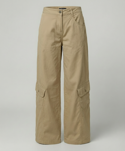 Damen hochgeschnittene Cargo-Hose mit weitem Bein, aufgesetzten Klappentaschen und Ziernähten in Khaki