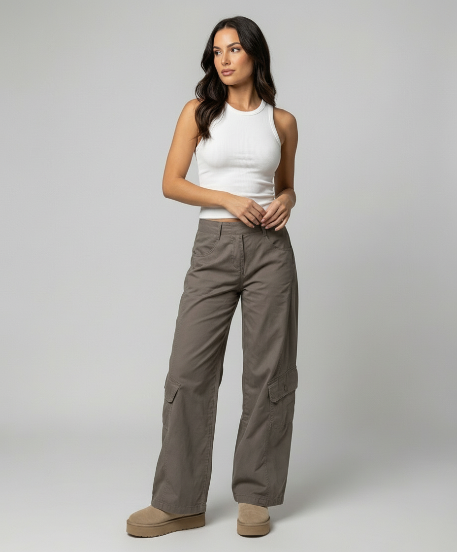 Damen hochgeschnittene Cargo-Hose mit weitem Bein, aufgesetzten Klappentaschen und Ziernähten in Khaki