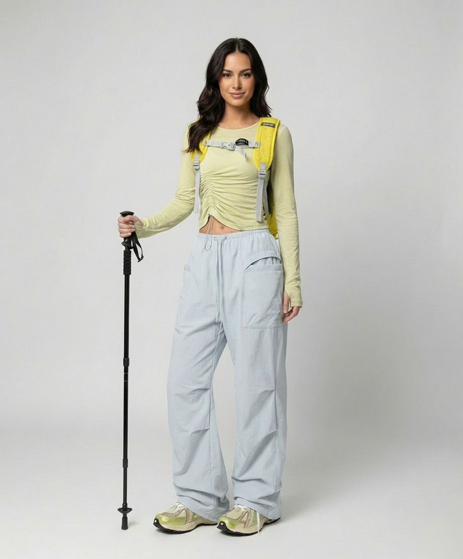 Damen leichte packbare Outdoor-Hose mit weitem Bein elastischem Bund und aufgesetzten Seitentaschen in Blau