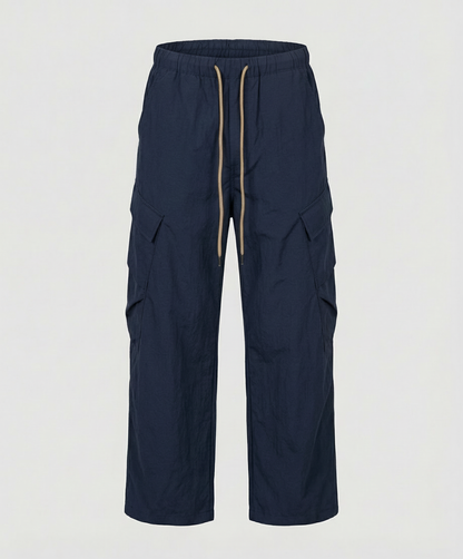 Damen hochgeschnittene weite Freizeit-Hose im Utility-Look mit großen Klappentaschen und Kordelzugbund in Braun