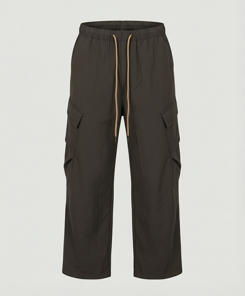 Damen hochgeschnittene weite Freizeit-Hose im Utility-Look mit großen Klappentaschen und Kordelzugbund in Braun