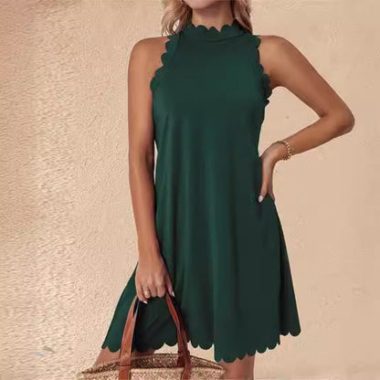 Damen ärmelloses Kleid mit Scalloped-Ausschnitt und fließendem Schnitt in Grün