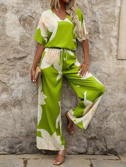 Damen Luftiges Zweiteiliges Set mit floralem Design und weitem Schnitt in Grün