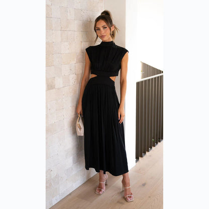 Damen Maxi-Kleid mit schickem Stehkragen und elegantem Cut-Out in Schwarz