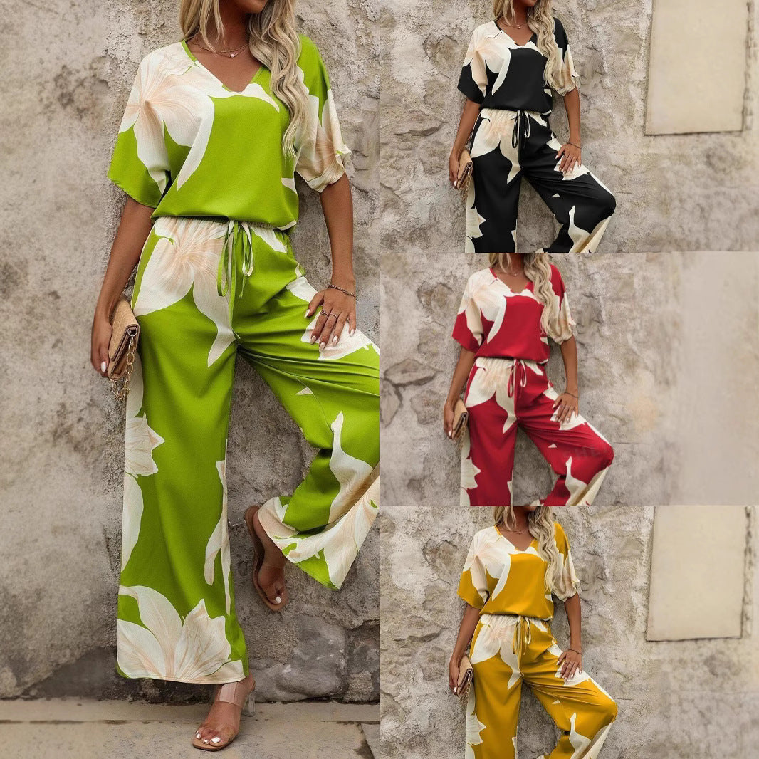 Damen Luftiges Zweiteiliges Set mit floralem Design und weitem Schnitt in Grün
