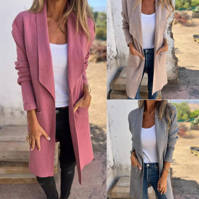 Damen Langer Strickcardigan mit offenen Kanten und Taschen in Khaki