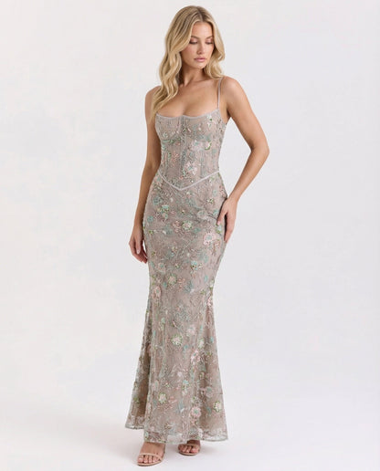 Abendkleid lang mit Spitze und Stickerei in Grau